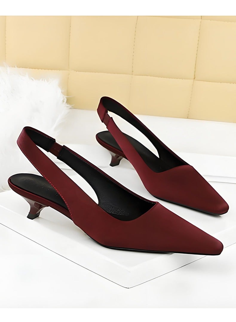 BIGTREE Women's Closed Pointed Toe Pumps Slingback Low Heels With Ankle Straps Sandals Wine Red 3CM - Image 2