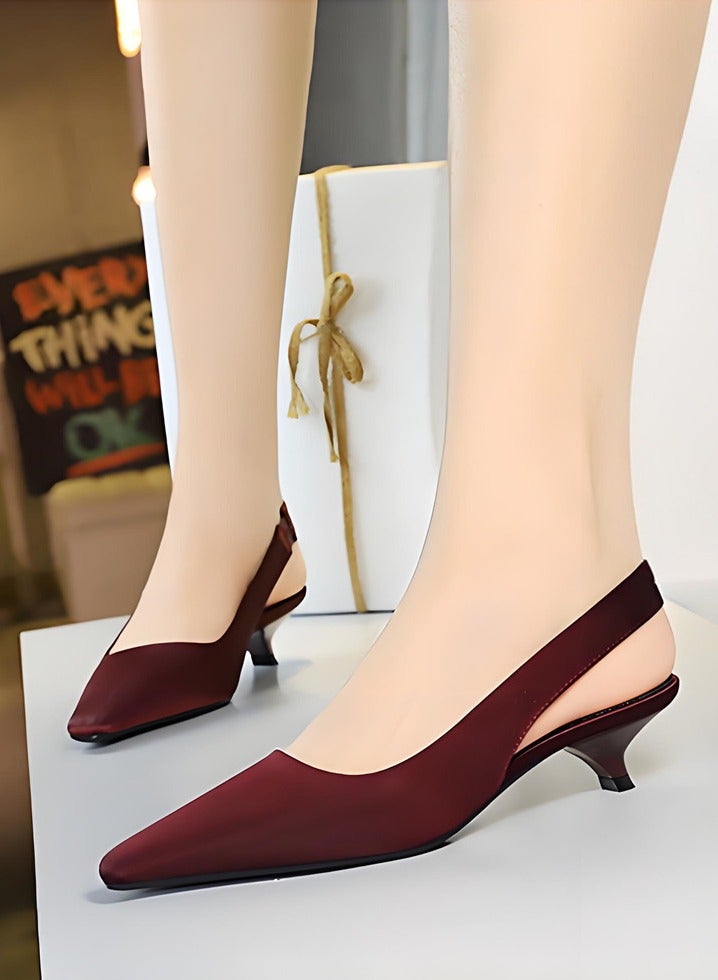 BIGTREE Women's Closed Pointed Toe Pumps Slingback Low Heels With Ankle Straps Sandals Wine Red 3CM - Image 3
