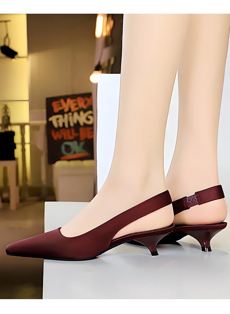 BIGTREE Women's Closed Pointed Toe Pumps Slingback Low Heels With Ankle Straps Sandals Wine Red 3CM - Image 4