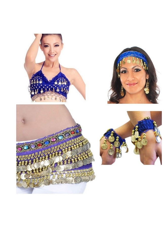 Vritraz حزام الخصر للرقص الشرقي من VRITRAZ للنساء من المخمل بألوان وخرز وعملات ذهبية (أزرق ملكي، عبوة من 4) - Image 1