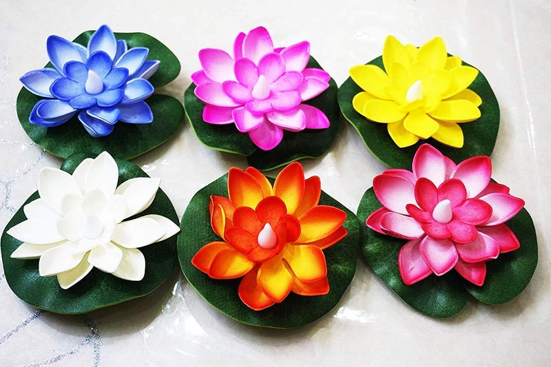 SIXFIRE Flameless Waterproof Battery Operated Artificial Floating LED Lotus Candle for Pool, Glass Bowl for Diwali Decoration Multicolour(Set 0f 2) - Image 2