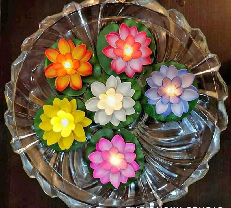 SIXFIRE Flameless Waterproof Battery Operated Artificial Floating LED Lotus Candle for Pool, Glass Bowl for Diwali Decoration Multicolour(Set 0f 2) - Image 1