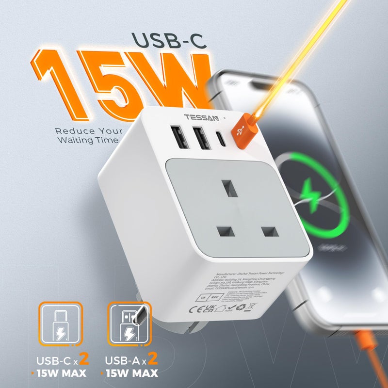 تيسان TESSAN UK to European Plug Adapter, Type E F Travel Adapter with USB C - Image 3