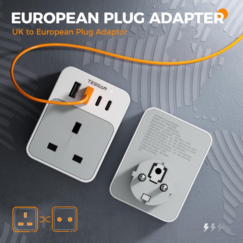 تيسان TESSAN UK to European Plug Adapter, Type E F Travel Adapter with USB C - Image 2