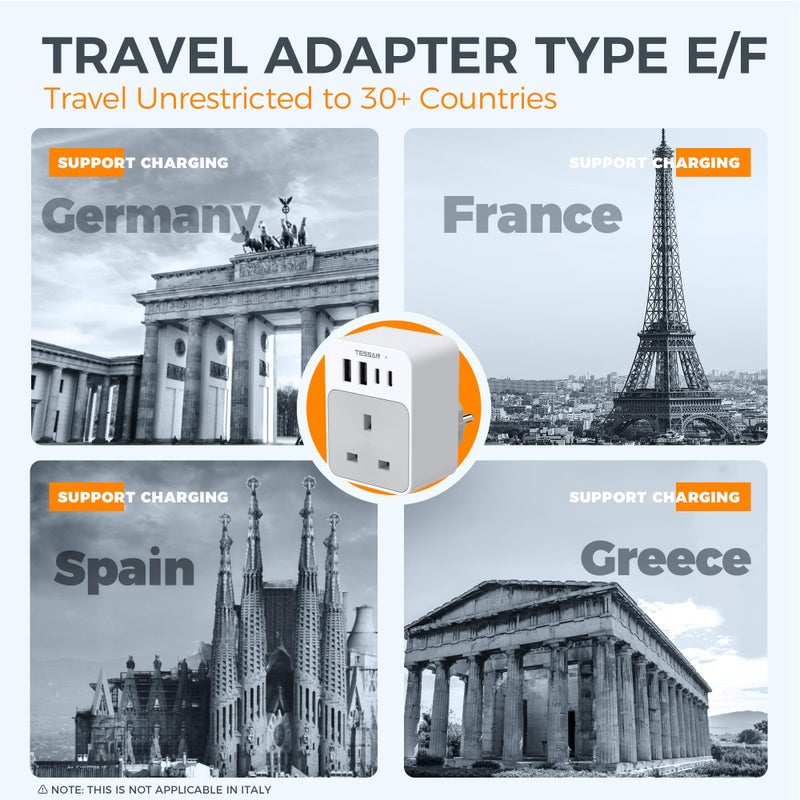 تيسان TESSAN UK to European Plug Adapter, Type E F Travel Adapter with USB C - Image 4