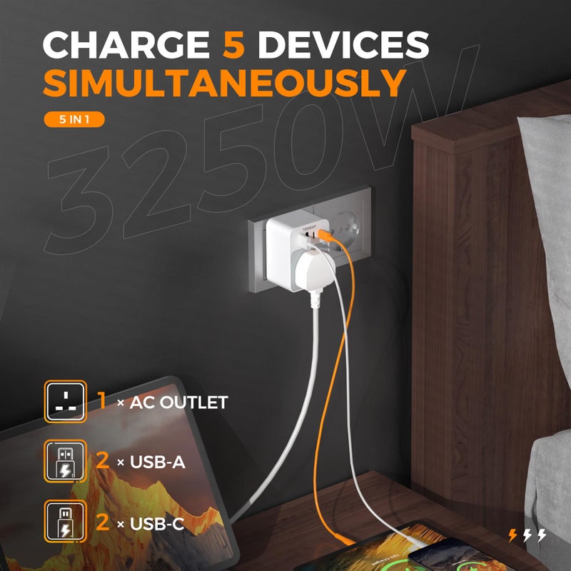 تيسان TESSAN UK to European Plug Adapter, Type E F Travel Adapter with USB C - Image 5