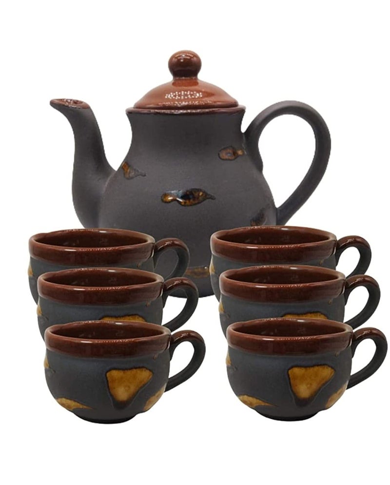 Caffeine Ceramic Handmade Purple Matte & Brown Glossy Tea Set (7 Pcs) - Image 1