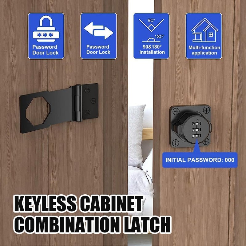 Drumil Drumil Household Cabinet Password Hasp Locks Cabinet Door Combination Lock Door Security Slide Latch Lock for Small Doors Cabinet Barn Door Bathroom Outdoor Garden Garage Black  - Image 3