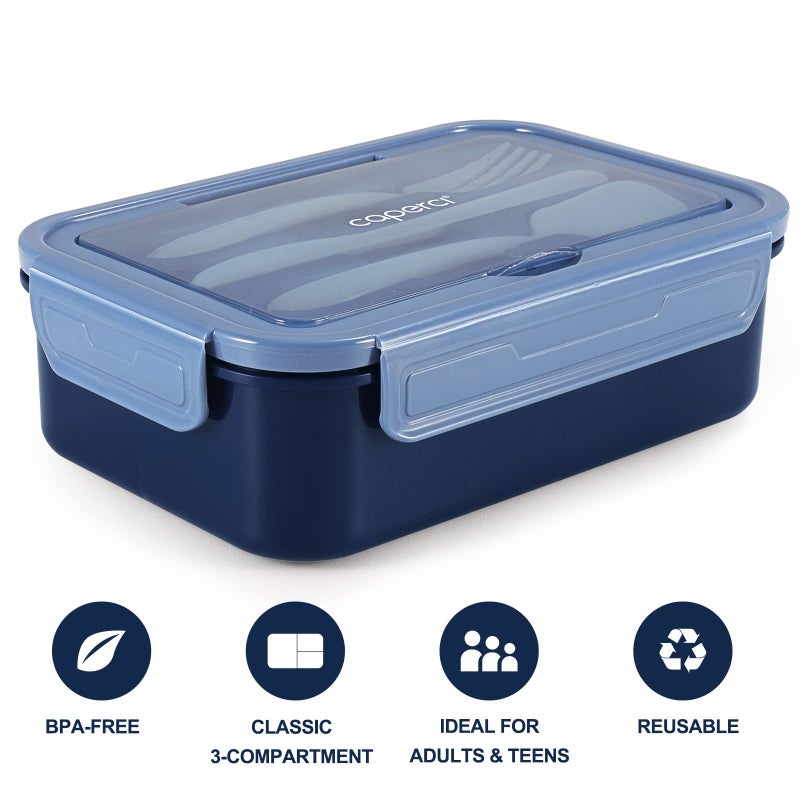 Caperci Classic Bento Box Adult Lunch Box for Older Kids - Leakpoof 47 oz 3-Compartment Containers for Adults and Teens, Built-in Utensil Set, Ideal for On-the-Go Balanced Eating, Navy Blue - Image 5