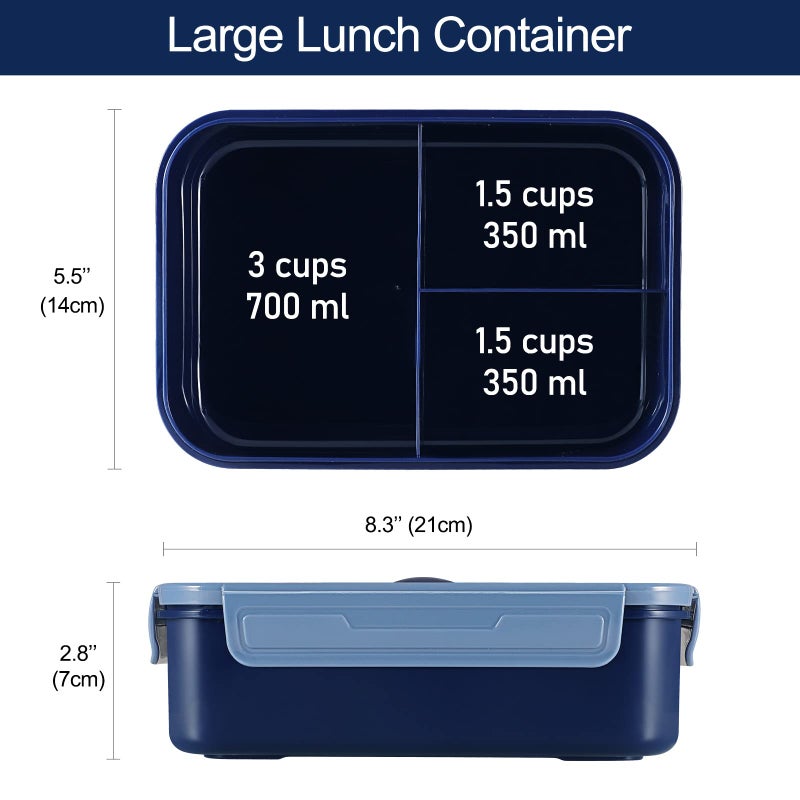 Caperci Classic Bento Box Adult Lunch Box for Older Kids - Leakpoof 47 oz 3-Compartment Containers for Adults and Teens, Built-in Utensil Set, Ideal for On-the-Go Balanced Eating, Navy Blue - Image 2