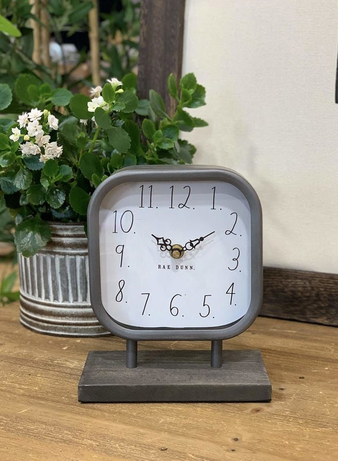 Rae Dunn Desk Clock - Battery Operated Modern Metal Rustic Design with Wooden Base for Bedroom, Office, Kitchen - Small Classic Analog Display - Chic Home Décor for Desktop Table, Countertop - Image 3
