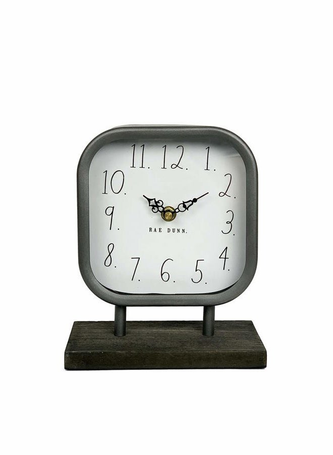 Rae Dunn Desk Clock - Battery Operated Modern Metal Rustic Design with Wooden Base for Bedroom, Office, Kitchen - Small Classic Analog Display - Chic Home Décor for Desktop Table, Countertop - Image 1