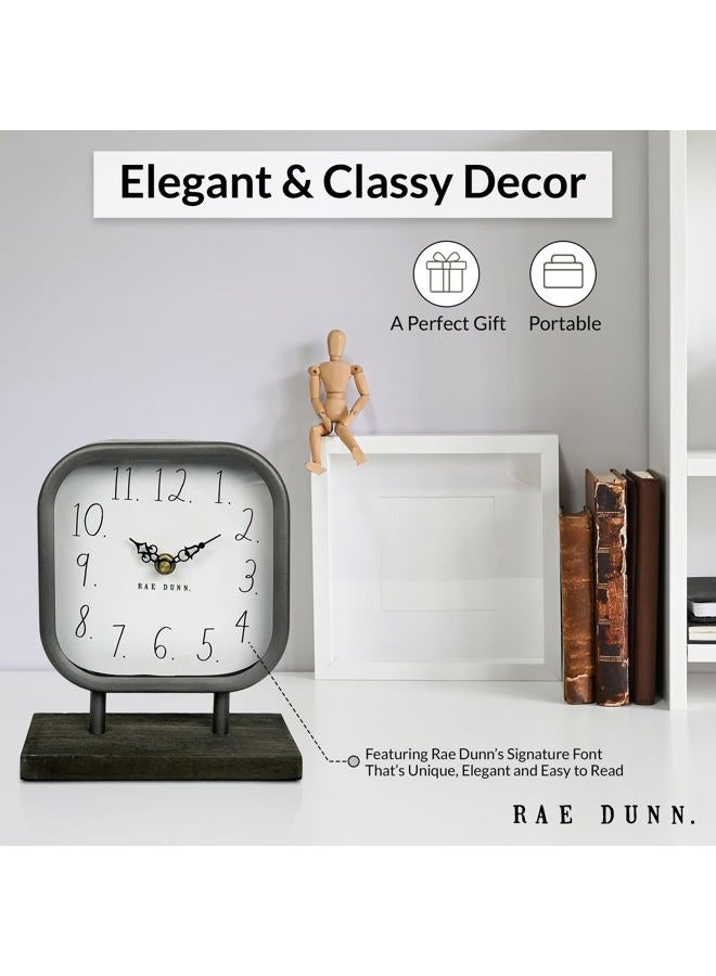Rae Dunn Desk Clock - Battery Operated Modern Metal Rustic Design with Wooden Base for Bedroom, Office, Kitchen - Small Classic Analog Display - Chic Home Décor for Desktop Table, Countertop - Image 4