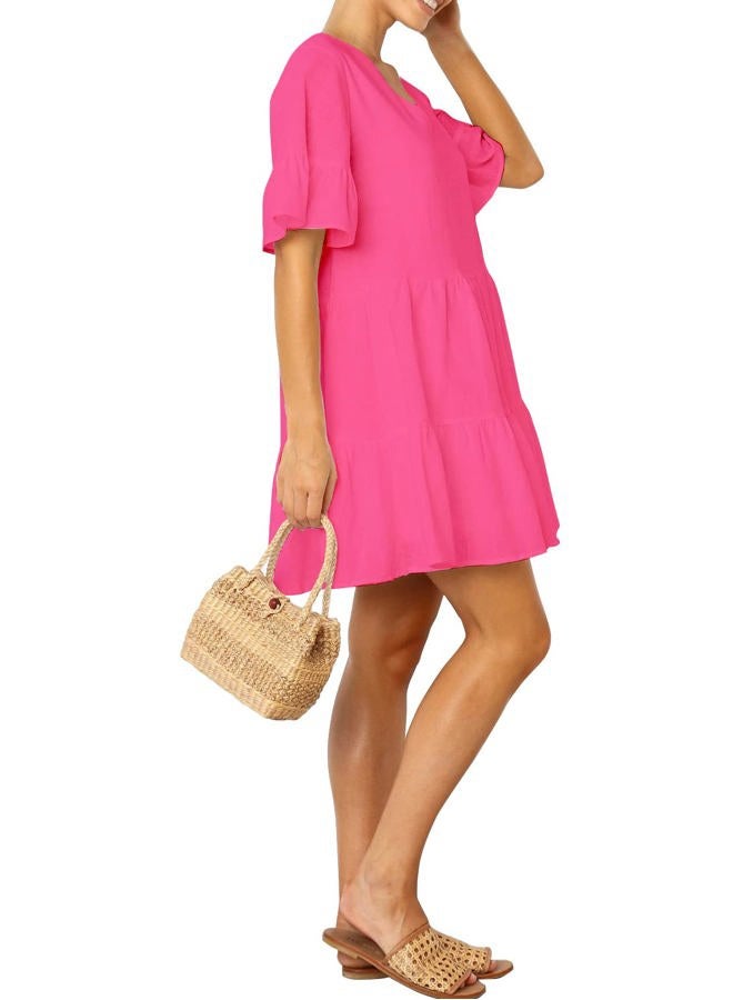 FANCYINN Women's Cute Shift Dress with Pockets Bell Sleeve Ruffle Hem V Neck Loose Swing Tunic Mini Dress, Medium Pink, XL - Image 2