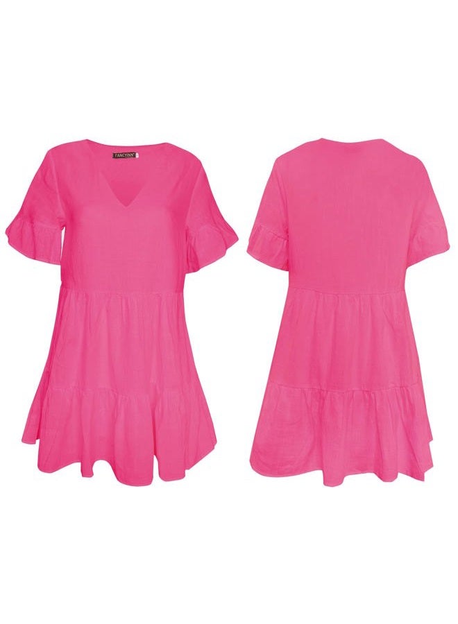 FANCYINN Women's Cute Shift Dress with Pockets Bell Sleeve Ruffle Hem V Neck Loose Swing Tunic Mini Dress, Medium Pink, XL - Image 5