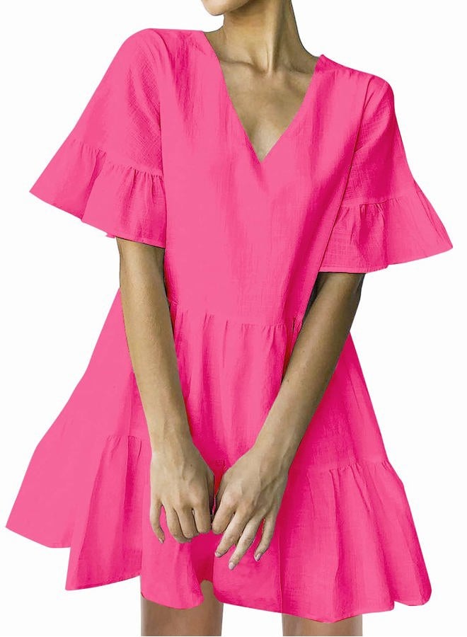 FANCYINN Women's Cute Shift Dress with Pockets Bell Sleeve Ruffle Hem V Neck Loose Swing Tunic Mini Dress, Medium Pink, XL - Image 1
