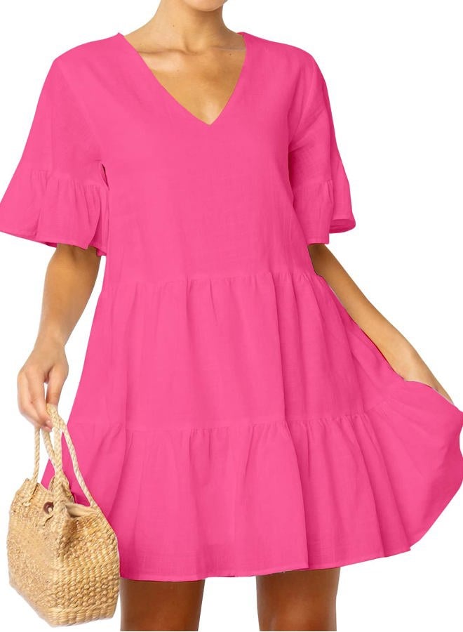 FANCYINN Women's Cute Shift Dress with Pockets Bell Sleeve Ruffle Hem V Neck Loose Swing Tunic Mini Dress, Medium Pink, XL - Image 3