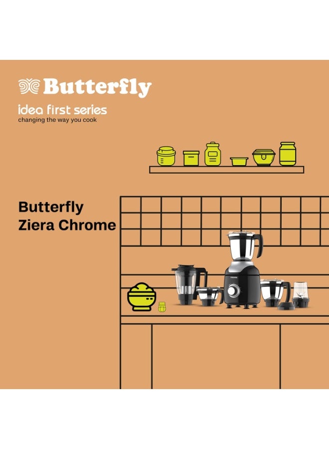 باترفلاي Butterfly ZieraChrome 750 Watt Mixer Grinder | 5 Jars | Uniform Grinding with Tornado Blade & Lid | Long Lasting Annealed SS Jars | Torx21 Motor| Juicer/Blender Jar | 5 Years Warranty - Image 3