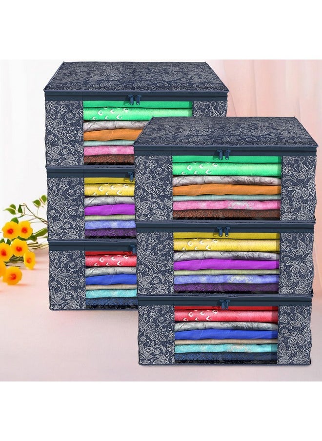 Kuber Industries Kuber Industries Pack of 6 Saree Storage Bag | Clothes Storage Bag | Wardrobe Storage Bag | Cloth Storage Organizer | Visible Window Saree Bag | Flower Printed | 9 Inch | Navy Blue  - Image 1