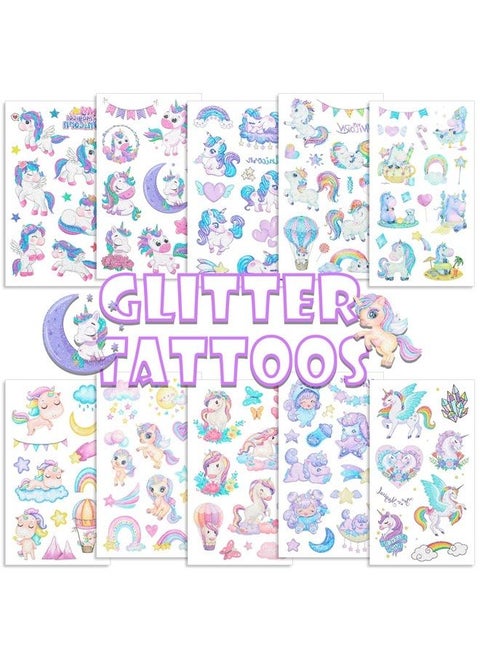 Glitter Unicorn Temporary Tattoos for Kids, Konsait Waterproof Glitter Tattoo Stickers Kit Rainbow Princess Unicorn Theme Party Birthday Party Supplies 10 sheets
