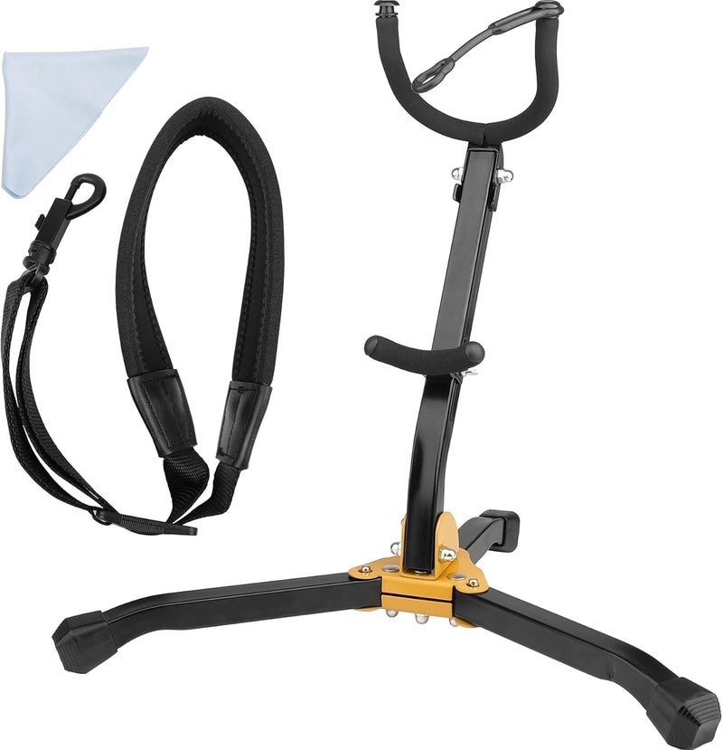 Eison Saxophone Stand Foldable Alto/Tenor Sax Stand Saxophone Bracket Sax Holder Adjustable Triangle Base with Sax Strap and Cleaning Cloth - Image 1