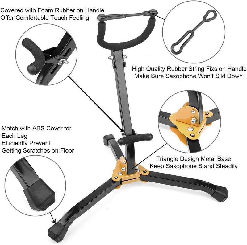 Eison Saxophone Stand Foldable Alto/Tenor Sax Stand Saxophone Bracket Sax Holder Adjustable Triangle Base with Sax Strap and Cleaning Cloth - Image 2