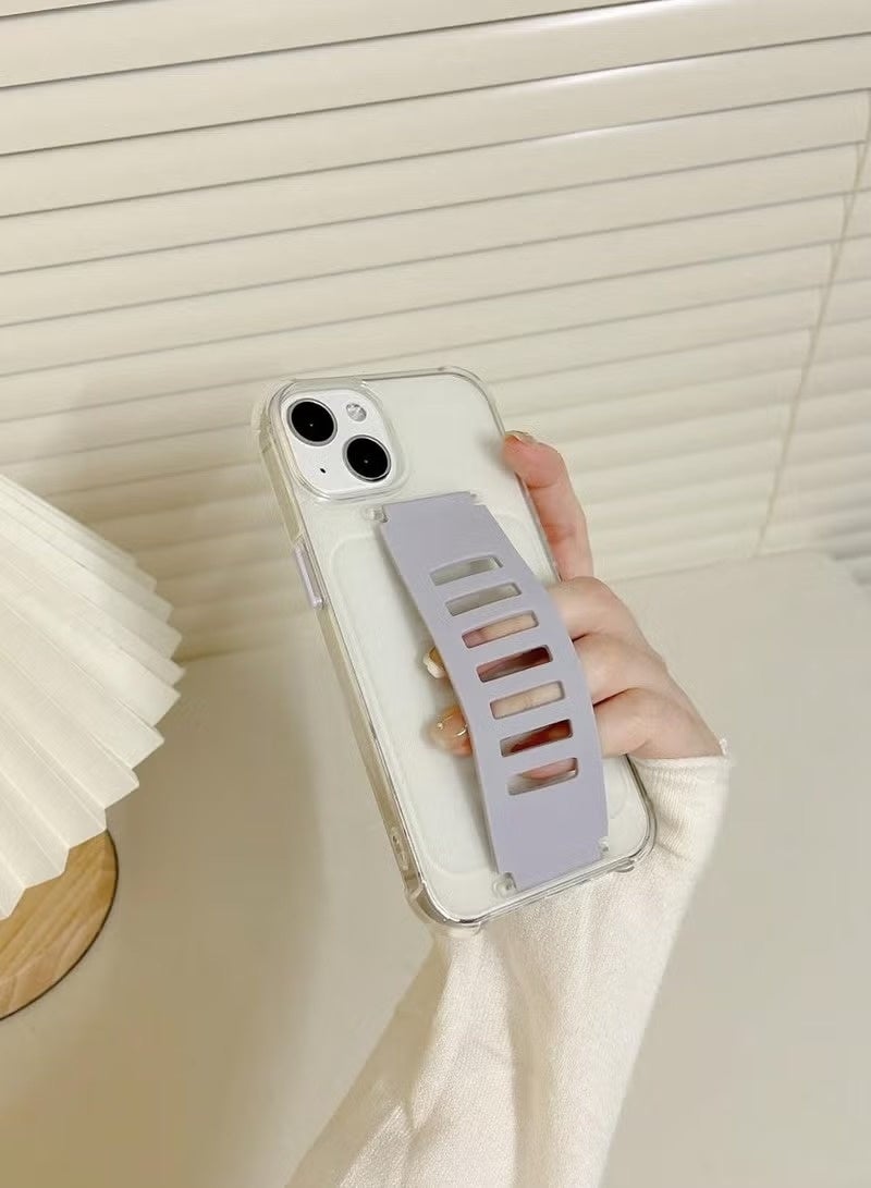 Grip2u A transparent, non-yellowing protective case for the Apple iPhone 14, featuring an innovative wrist strap with a strong grip that provides a secure hold on the device. - Image 3