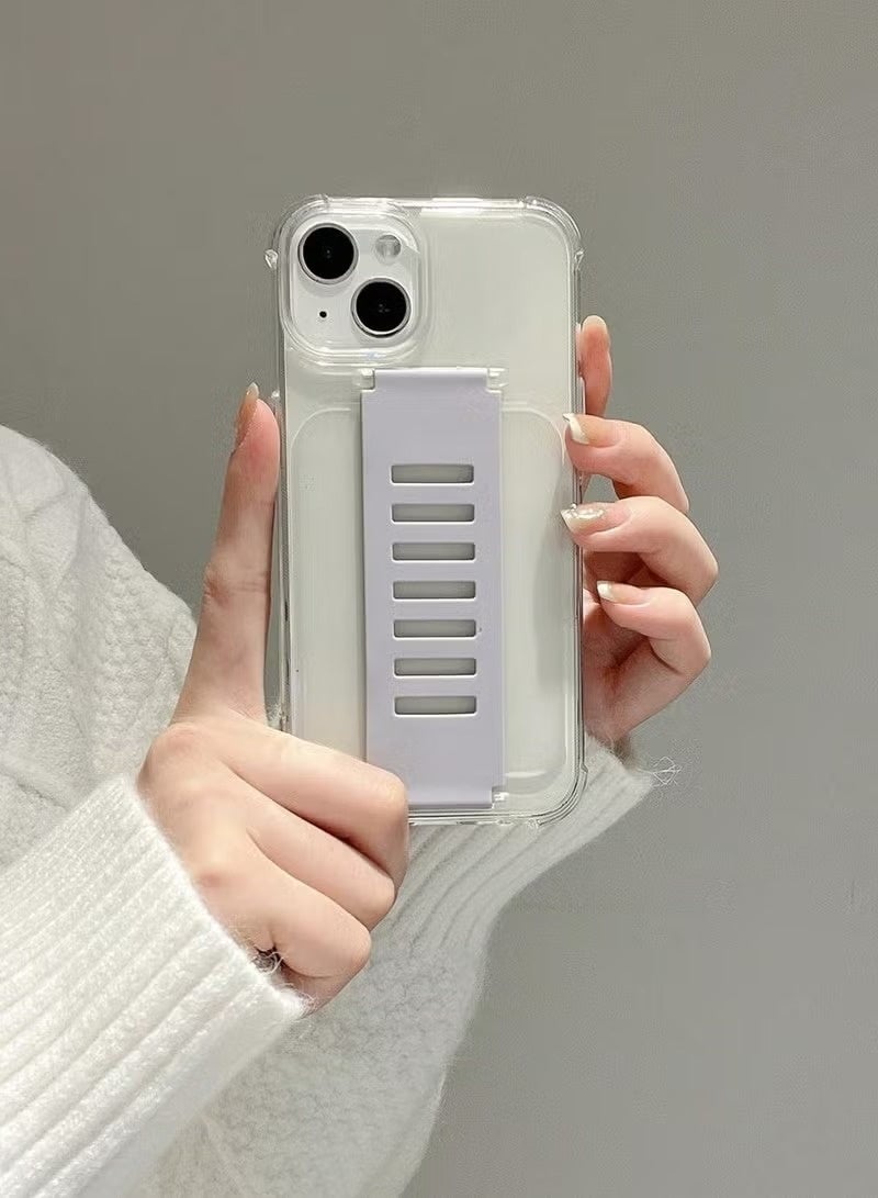 Grip2u A transparent, non-yellowing protective case for the Apple iPhone 14, featuring an innovative wrist strap with a strong grip that provides a secure hold on the device. - Image 1