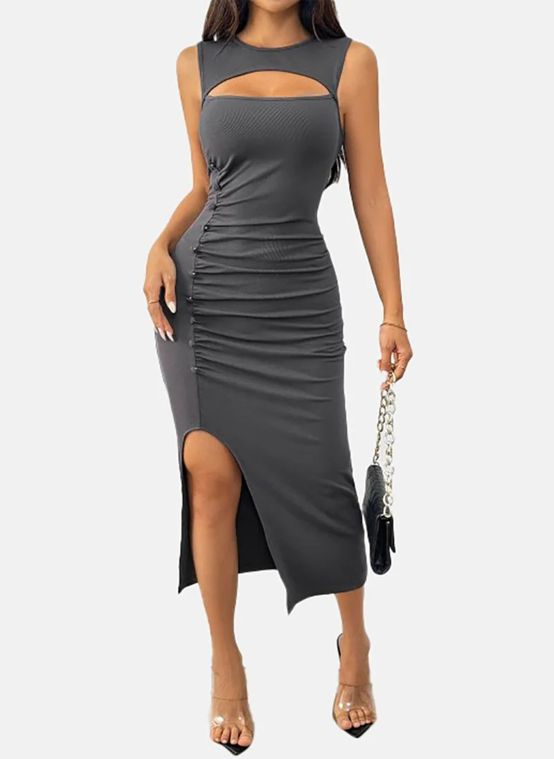 يونيكي Grey Solid Sleeveless Diamond Neck Midi Bodycon Dress
