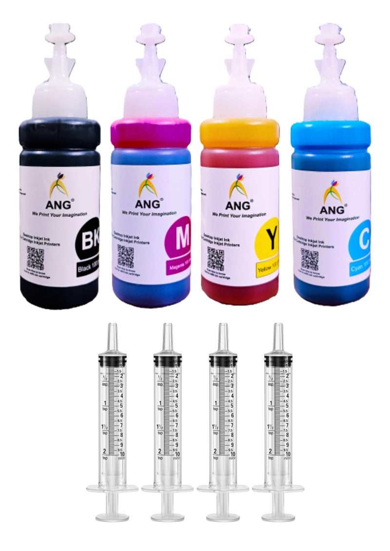 ANG Inkers 4-Color Refill Ink Kit for Canon PIXMA Printers – 100g Bottles (Cyan, Magenta, Yellow, Black) + 4 Syringes – Compatible with E470, E477, E400, E410, E417, E560, E3370, E4570, MG2577S - Image 1