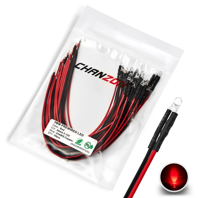 CHANZON 20 pcs Pre-Wired 3mm Red LED Diode Lights (Clear Round Transparent Lens DC 12V) with 680 ohms 1/4W Resistor and 24awg Wire Indicator Light Emitting Diodes Lighting Bulb Lamp - Image 1