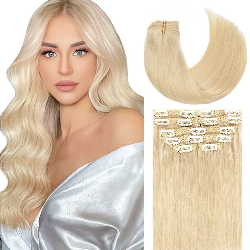 Lacer Hair Extensions Clip in Human Hair Light Platinum Blond 60A 120g 7pcs Per Set Silky Straight 100 Clip in Hair Extensions Remy Human Hair 14 Inch