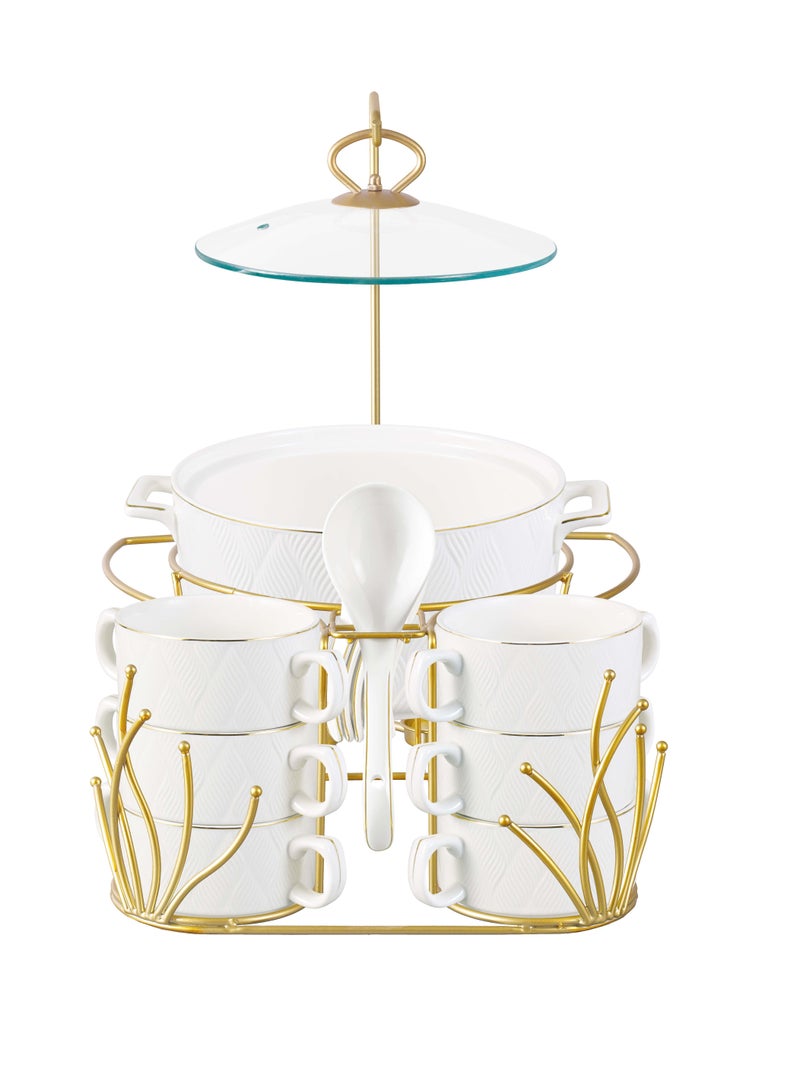 Shallow Amir 16 Piece Soup Set with Matt Gold Stand - Elegant Porcelain Dinnerware for Sophisticated Dining, Soup Bowls - Image 1