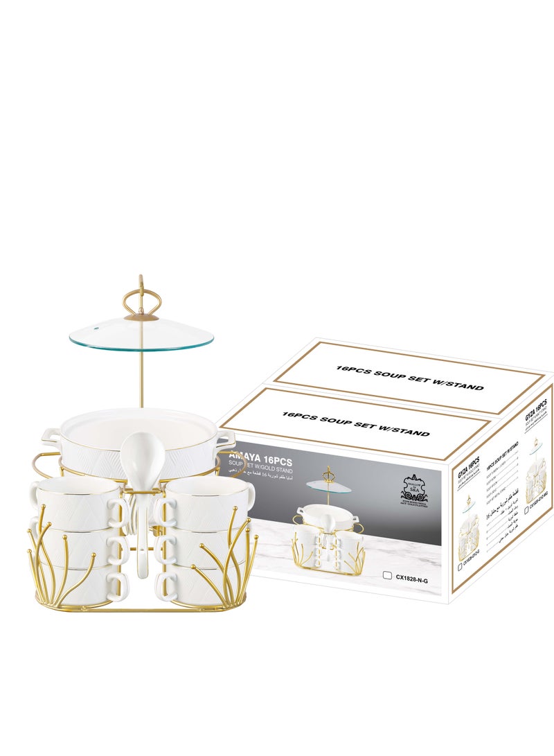 Shallow Amir 16 Piece Soup Set with Matt Gold Stand - Elegant Porcelain Dinnerware for Sophisticated Dining, Soup Bowls - Image 3