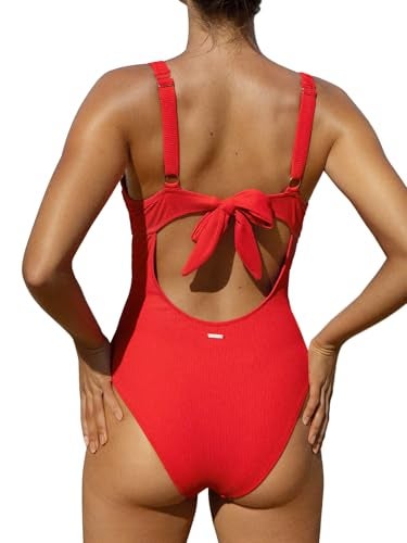 BERLOOK One Piece Swimsuit Women Tummy Control Ribbed Retro Bathing Suits Contrast Trim Knotted Sety Slimming Swimwear Red, XL - Image 4