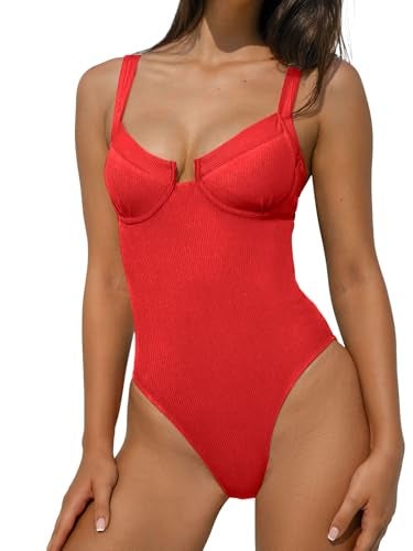 BERLOOK One Piece Swimsuit Women Tummy Control Ribbed Retro Bathing Suits Contrast Trim Knotted Sety Slimming Swimwear Red, XL - Image 1