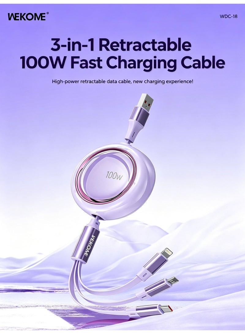 WEKOME 100W Retractable 3-in-1 Fast Charging Cable, 480Mbps Data Sync, Lightning Micro USB Type-C Multi-Port Charge Cord for Smartphones - Image 4