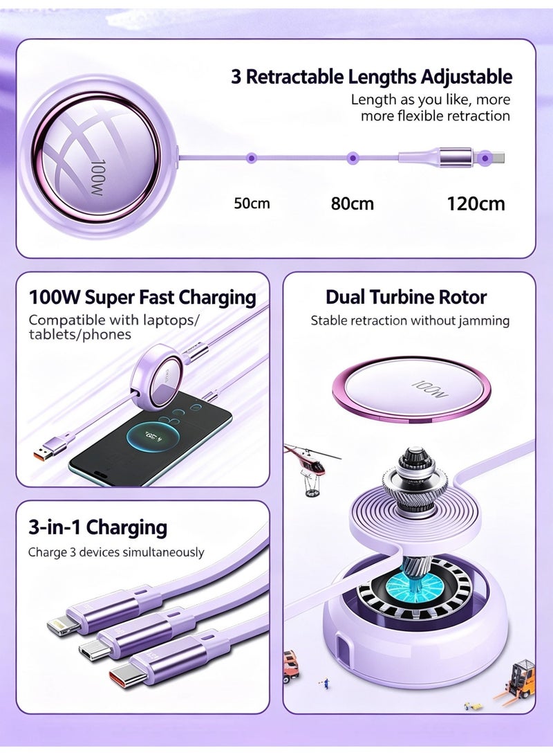 WEKOME 100W Retractable 3-in-1 Fast Charging Cable, 480Mbps Data Sync, Lightning Micro USB Type-C Multi-Port Charge Cord for Smartphones - Image 2