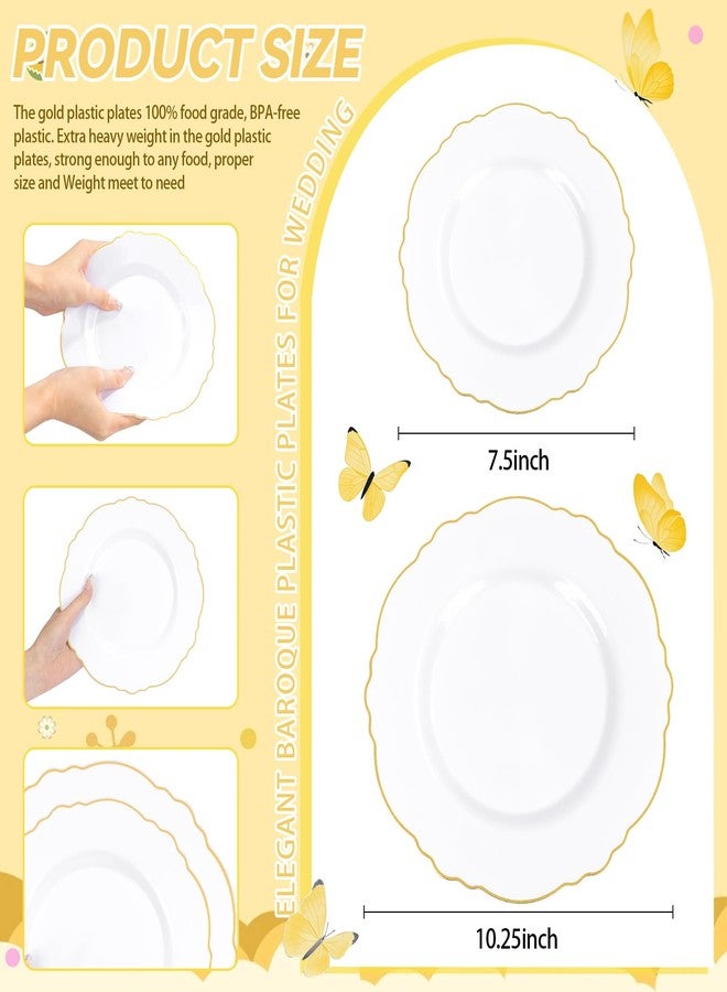WDF أطباق بلاستيكية ذهبية 100 قطعة - تصميم باروك فاخر - مجموعة أطباق زفاف بيضاء وذهبية قوية مثالية لعيد الشكر/الزفاف/الحفلات/حمام العروس - Image 2