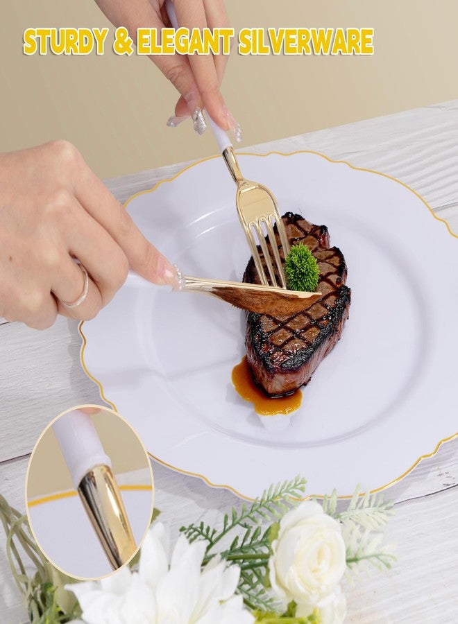 WDF أطباق بلاستيكية ذهبية 100 قطعة - تصميم باروك فاخر - مجموعة أطباق زفاف بيضاء وذهبية قوية مثالية لعيد الشكر/الزفاف/الحفلات/حمام العروس - Image 3