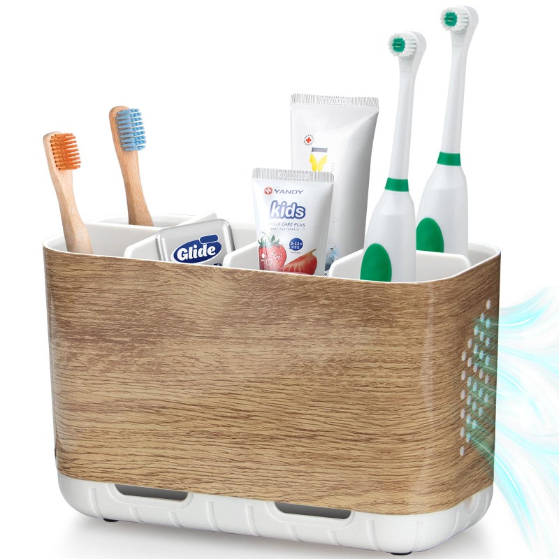 Boperzi Toothbrush and Toothpaste Holder Wood Grain for Bathroom Countertop with Adjustable Dividers, Toothpaste Caddy Organizer Storage Rustic Decor Set Freestanding Anti-Slip for Shower,Family,Kids - Image 1