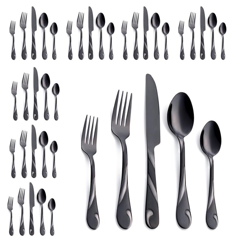 Seeshine Black Silverware Set for 8, 40-Piece Stainless Steel Flatware Set, Shiny Black Metal Cutlery Set, Include Fork, Knife and Spoon Set, Dishwasher Safe - Image 1