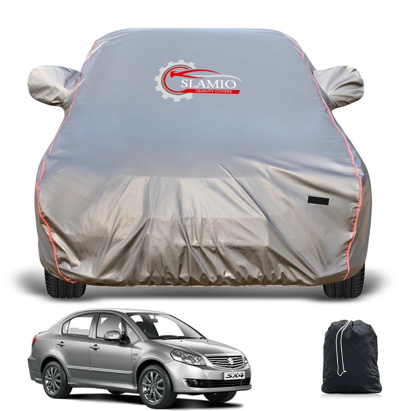Slamio Heavy-Duty Car Body Cover for Maruti Suzuki SX4 | Waterproof, Dustproof, UV Protection, Custom Fit, Heavy Belt & Buckle with Mirror & Antenna Pocket | Dark Grey - Image 1