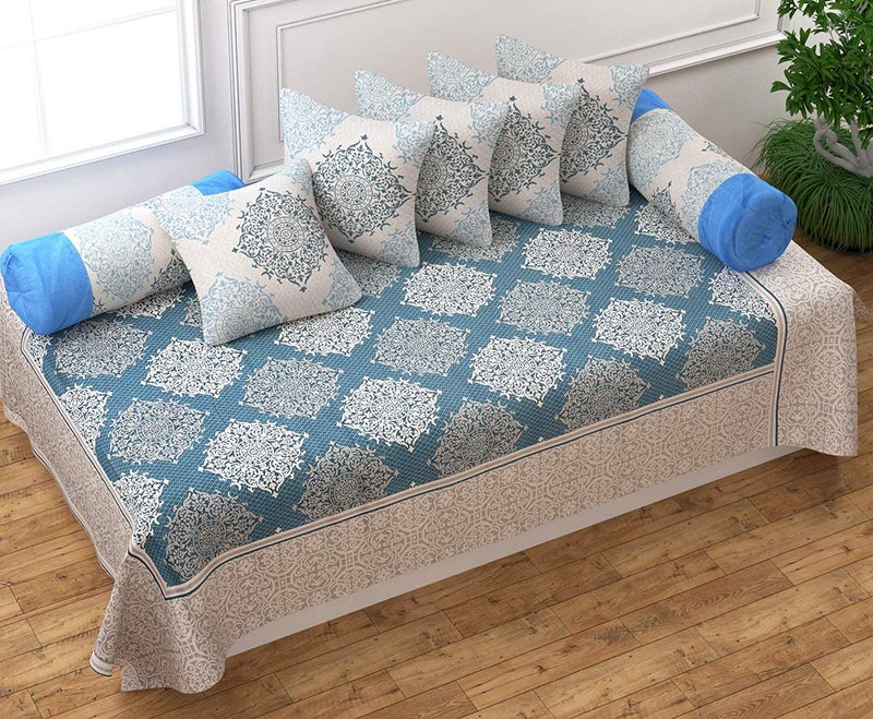 SpangleHomes Pure Cotton Reversible Pattern Diwan Set of 8 with 1 Single Bed Sheet,5 Pieces Cushion Covers, and Combo of 2 Bolster Cover for Your Living Room.Best for Diwali Gift (Aqua) - Image 3