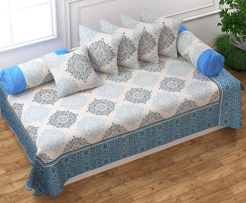 SpangleHomes Pure Cotton Reversible Pattern Diwan Set of 8 with 1 Single Bed Sheet,5 Pieces Cushion Covers, and Combo of 2 Bolster Cover for Your Living Room.Best for Diwali Gift (Aqua) - Image 2