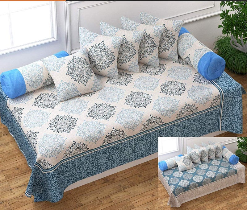 SpangleHomes Pure Cotton Reversible Pattern Diwan Set of 8 with 1 Single Bed Sheet,5 Pieces Cushion Covers, and Combo of 2 Bolster Cover for Your Living Room.Best for Diwali Gift (Aqua) - Image 1