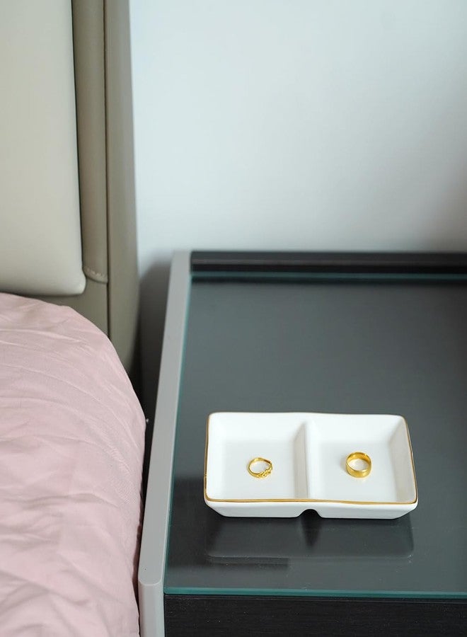 HANKOR Ceramic Jewelry Dish Tray, 2 Compartment Ring Dish, Decorative Trinket Tray for Rings, Earrings, Keys, Birthday Christmas Gifts, White - Image 3