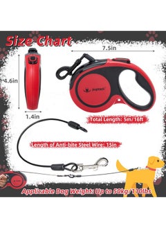PUPTECK PUPTECK Retractable Dog Leash with Anti-Chewing Steel Wire, 360°Tangle-Free Pet Walking Leash for Small Medium Large Dogs, Heavy Duty up to 110lbs, 16ft Strong Reflective Leash, One-Hand Brake Red  - Image 2