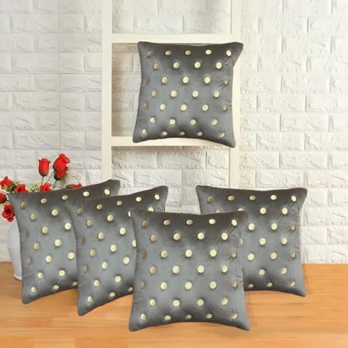 IM FAB Polka Emboridery Velvet Fabric Decorative Throw Cushion Cover 16X16 Set of 5 (Mouse) - Image 1