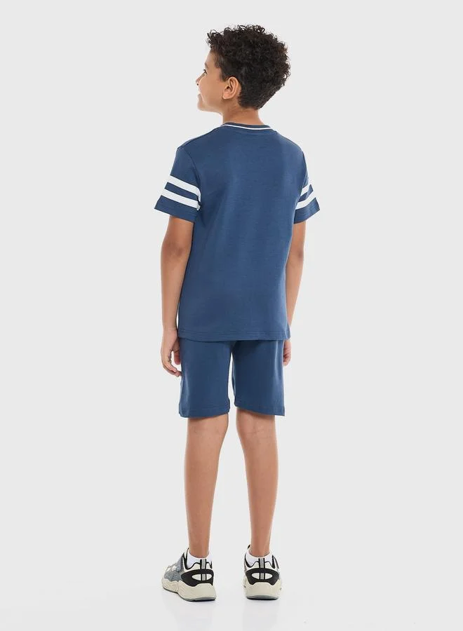 victor and jane Victor And Jane Boys Blue Cotton Embroidered T-Shirt and Shorts Set